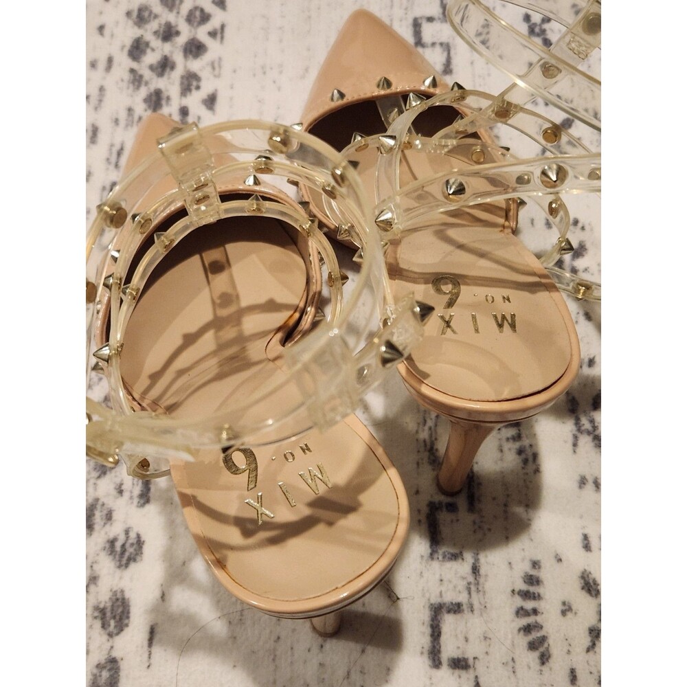 Mix No. 6 Beige Patent Strappy Pointed Toe Studded Ankle Strap Heels 6M - Picture 5 of 7
